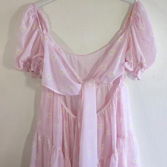 Lucy in the Sky Pink Ruffled Babydoll Dress Floral Daisy Puff Sleeves Sz Medium - Picture 7 of 11